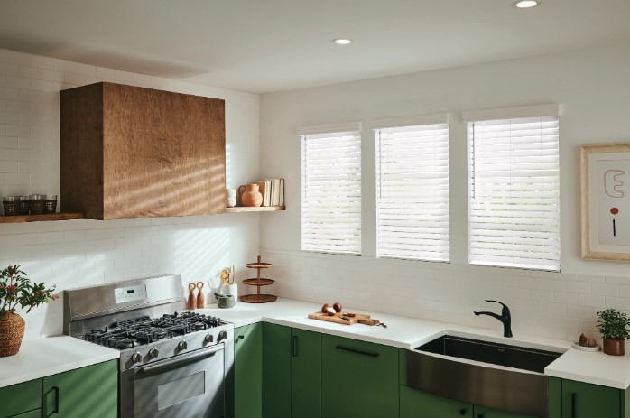 Clean, crisp faux wood blinds.